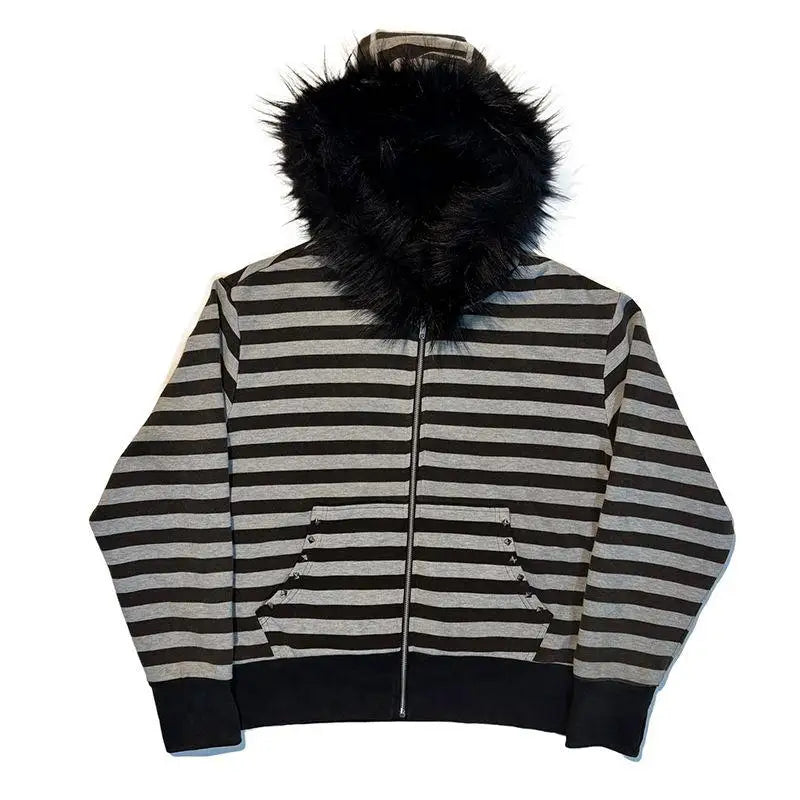 Y2K Spicy girl style plush hooded short zipper sweatshirt Studded white cropped Zip Hoodies personality Sweet Cool Zipper coat