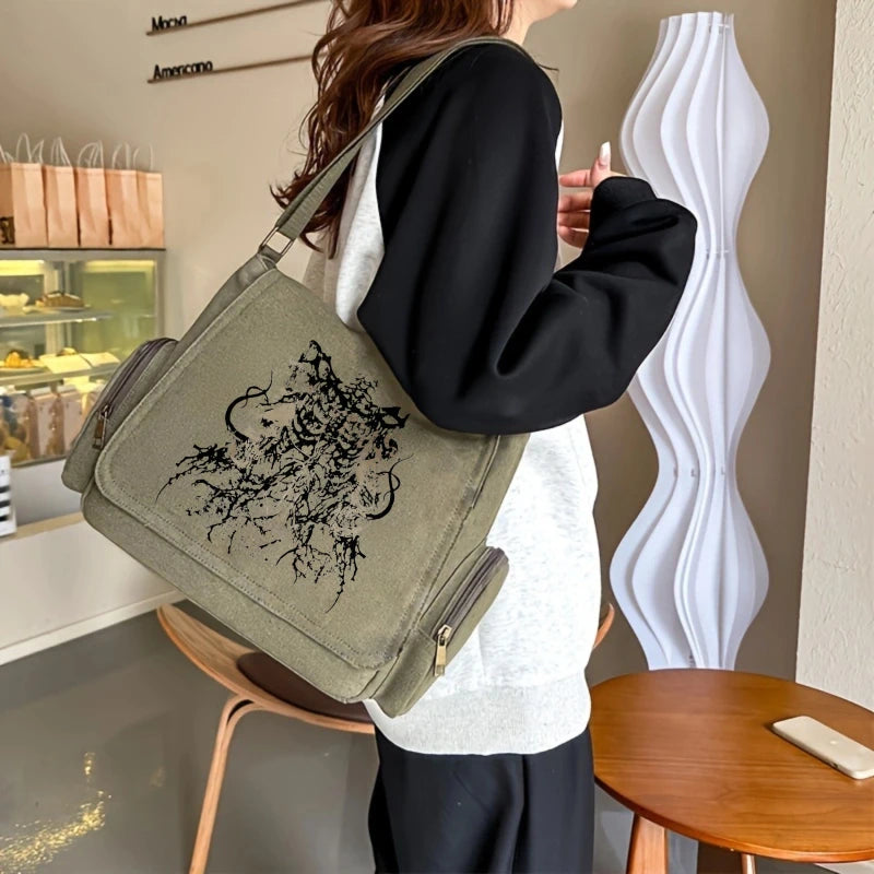 Vintage Women's Shoulder Bag Gothic Print Canvas Crossbody Bag Large Capacity Men's Messenger Bag