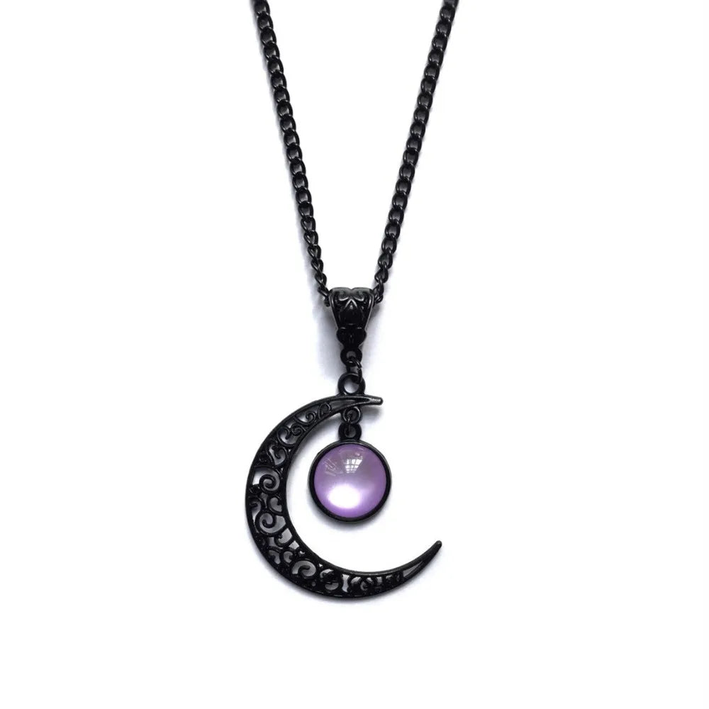 Women Gothic Black Moon Necklace Fashion Mystery Punk Witch Jewelry Accessorie Gift Vintage Hollow Colorful Stone Pendant Choker