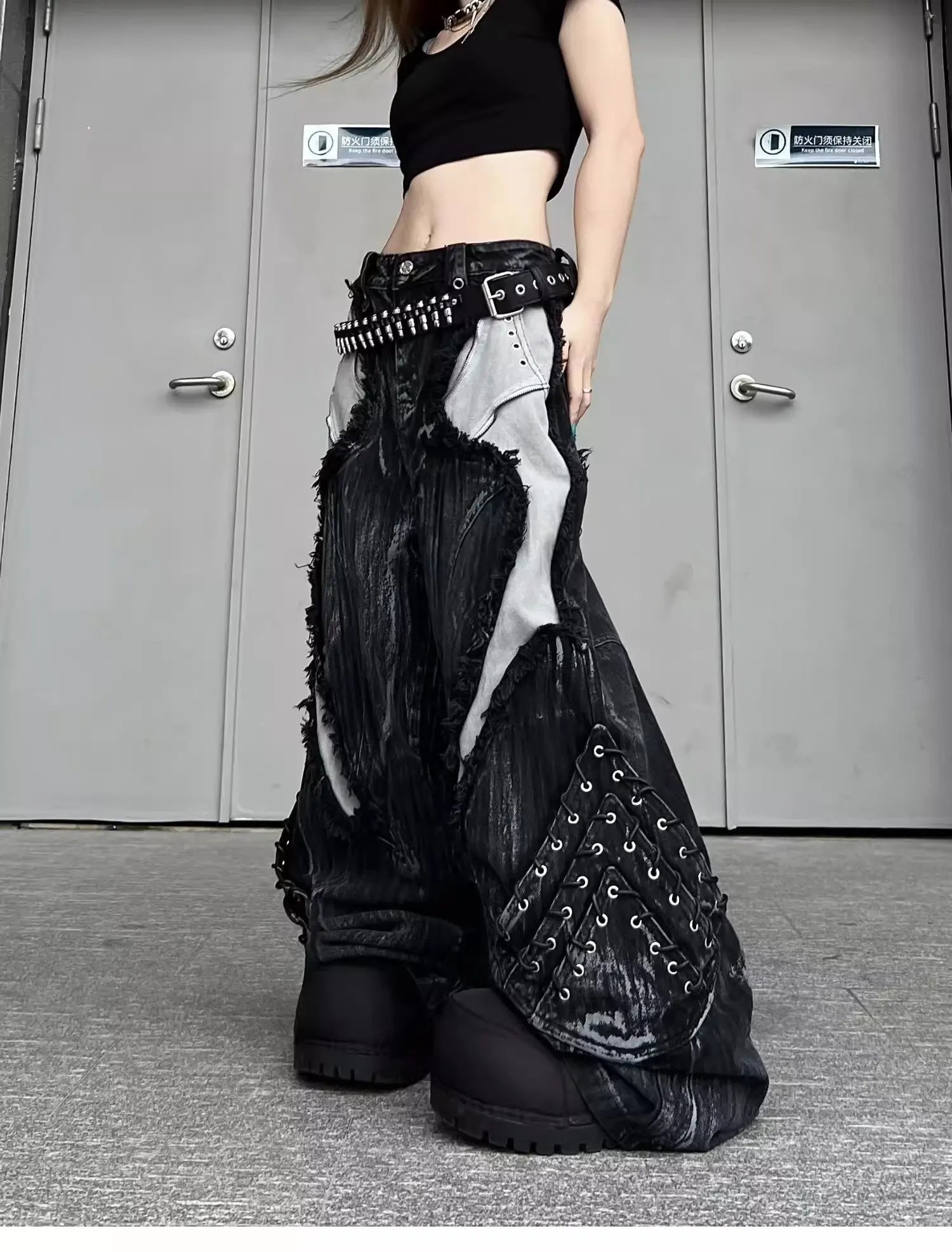 Vintage Patchwork Distressed Jeans Hip Hop Loose Wide Leg Cargo Pants Women's Washed Distressed Denim Trousers