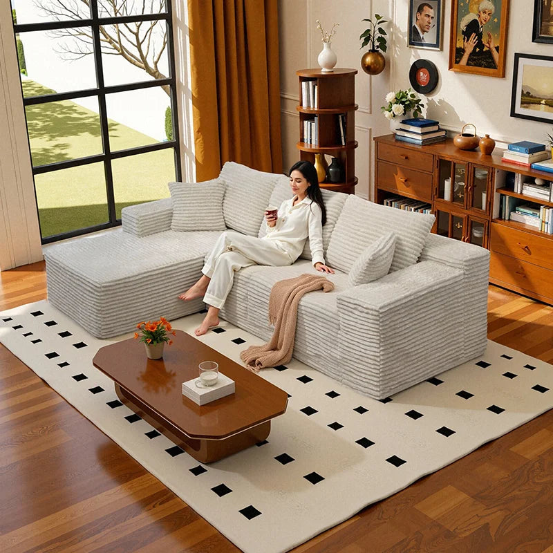 105Inch L-Shaped Living Room Sofa, No Assembly Required, Cozy Corduroy Fabric, Sofa Bed Convertible, Minimalist Deep Seat Design