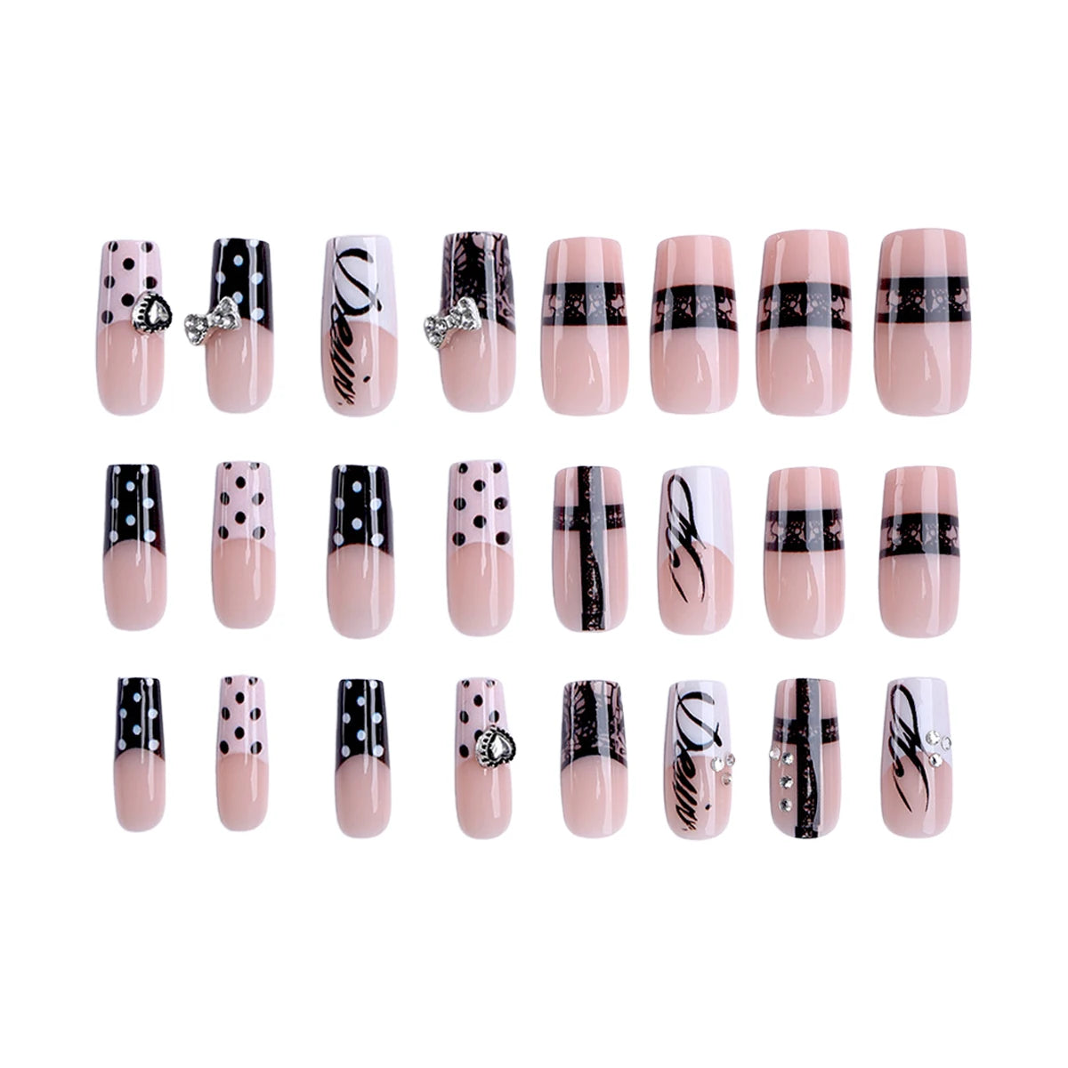 24pcs Mid-length Coffin False Nails Dark Metal Bows Heart Decor Black Gothic Style Press On Nails Polka Dot French Fake Nail