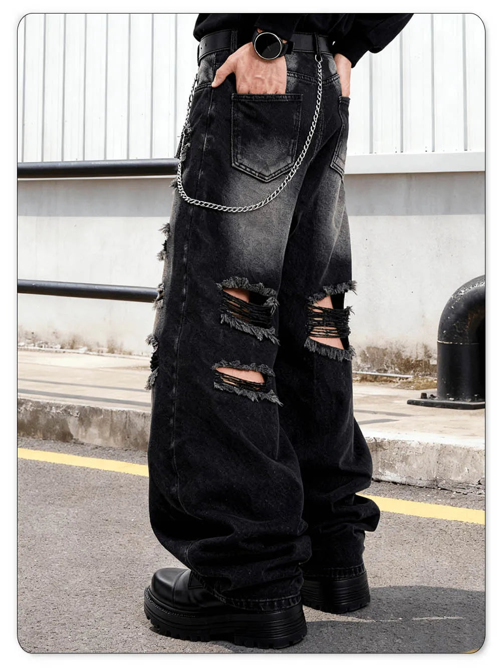 American Street Retro Men's Black Baggy Wide Leg Ripped Jeans Gothic Tear Style Unisex Loose Straight Leg Denim Pants Clothes