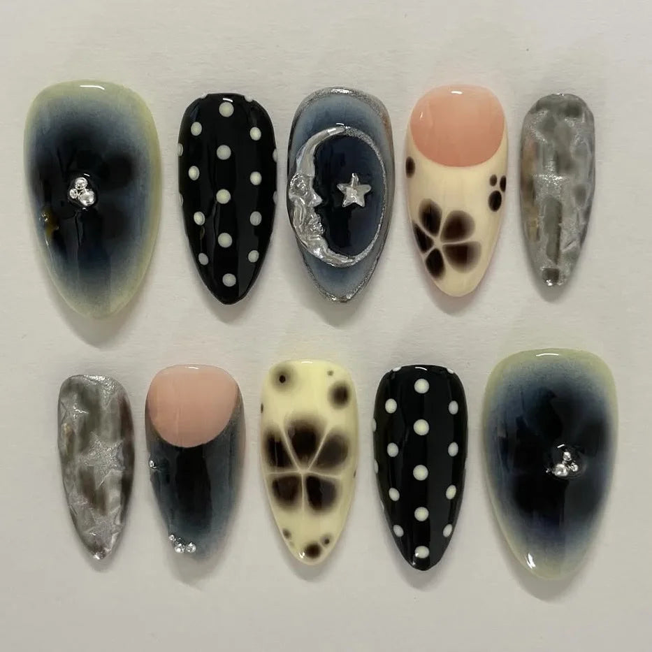 24pcs Vintage Country Style False Nails Cute Cartoon Little Lamb Rabbit Rose Printed Press On Nails Wave Point Bows Fake Nail