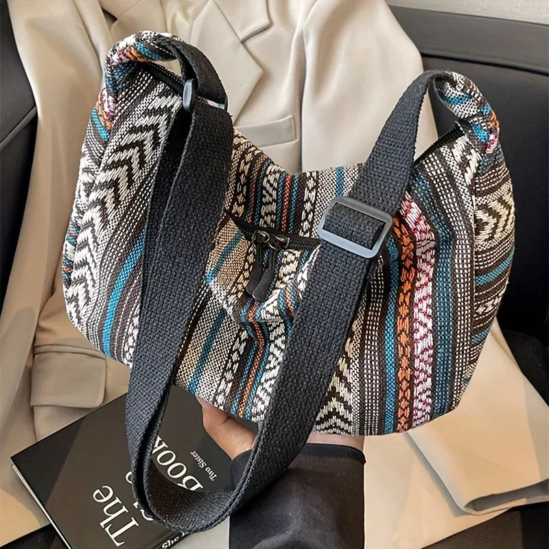Tribal Style Shoulder Bag, Foldable Crossbody with Zipper Closure, Striped Pattern, Edge Painted Lining