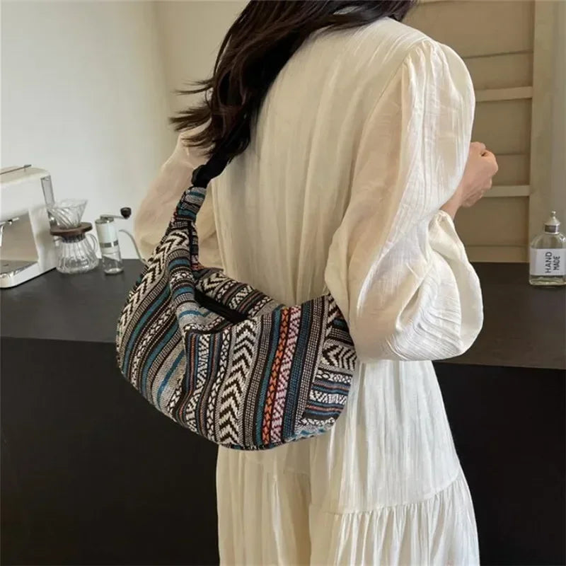 Tribal Style Shoulder Bag, Foldable Crossbody with Zipper Closure, Striped Pattern, Edge Painted Lining