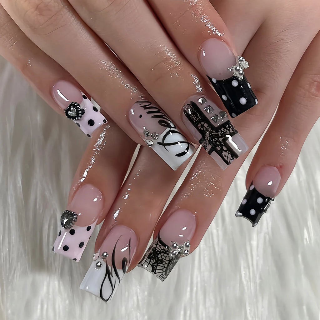 24pcs Mid-length Coffin False Nails Dark Metal Bows Heart Decor Black Gothic Style Press On Nails Polka Dot French Fake Nail