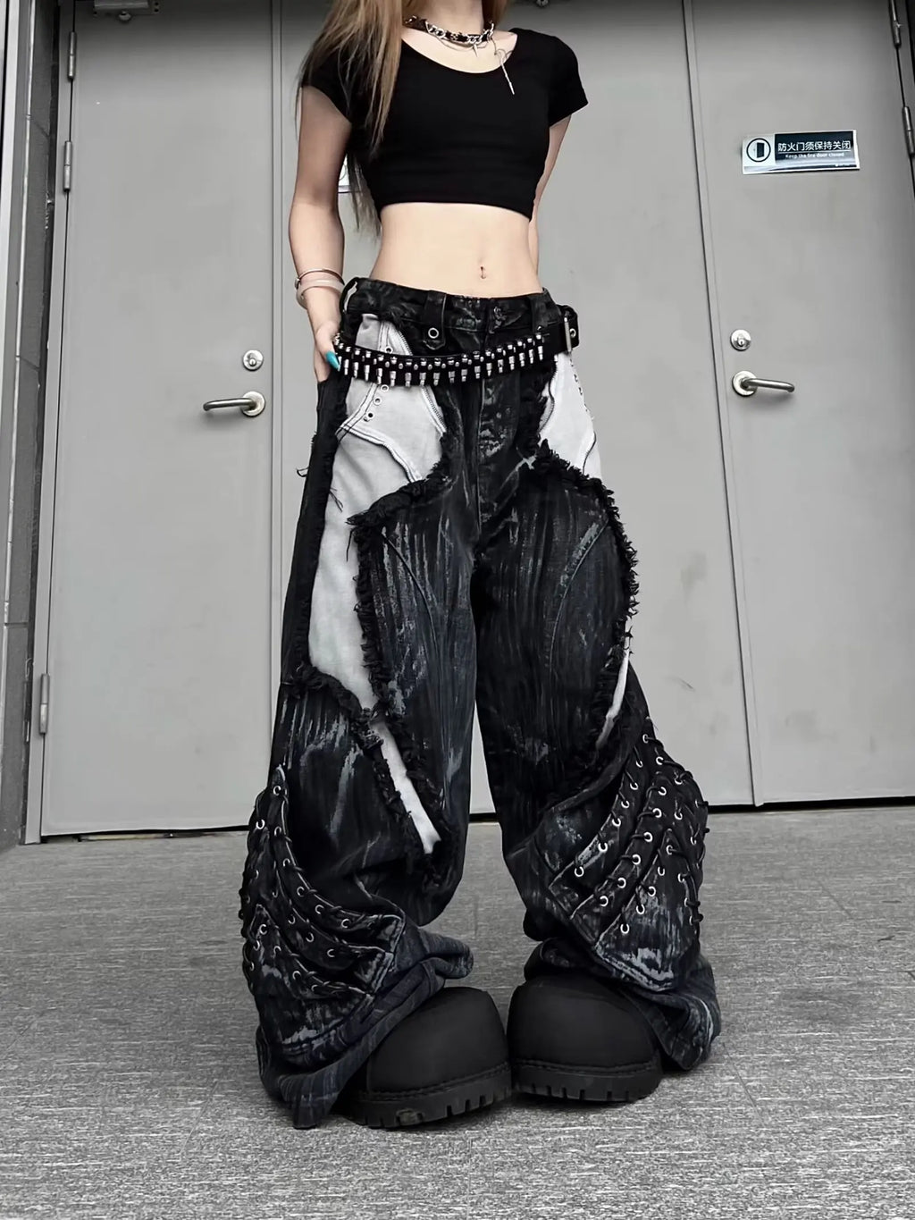 Vintage Patchwork Distressed Jeans Hip Hop Loose Wide Leg Cargo Pants Women's Washed Distressed Denim Trousers